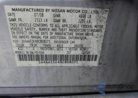 2009 Nissan Maxima 3.5 Sv from USA, damaged, VIN 1N4AA51E49C808071